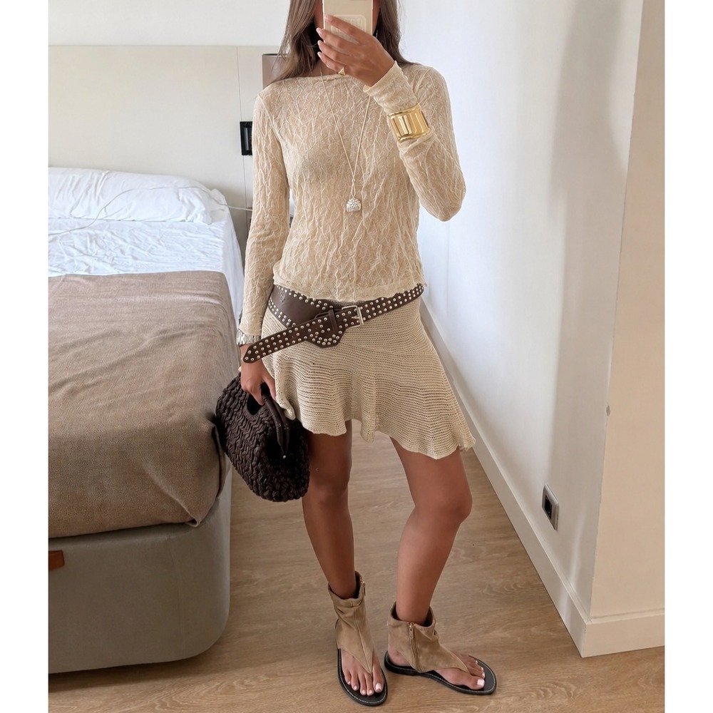 Massimo Dutti Sheer Crinkle Top NWT Sz S Beige Long Sleeve Boho Indie Ethereal